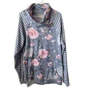 Michelle Mae Womens XL Floral Striped Lightweight Pullover Sweatshirt Cowl Neck